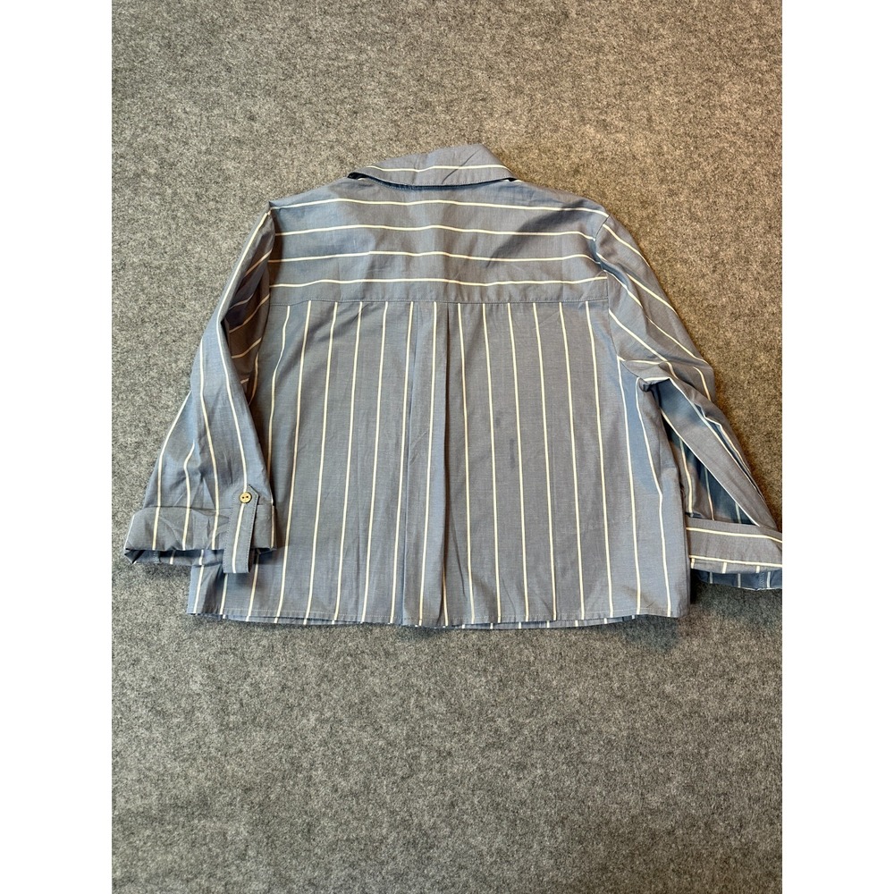 Bwear Shirt Womens L Blue Striped Cropped Back Roll Tab Sleeve Button Up - Picture 5 of 6